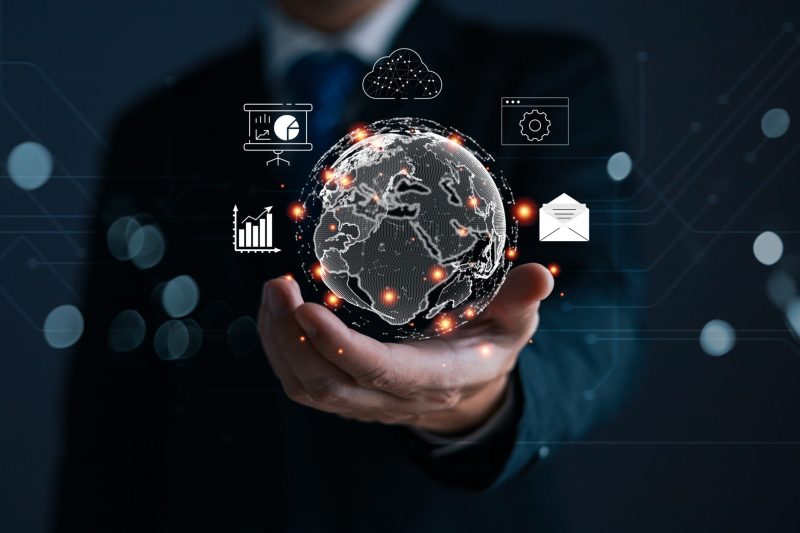 Hologram world and networked connections in the hands of businessmen.Big data analytics and business intelligence concept. Digital link tech.information technology exchange and innovation transform.